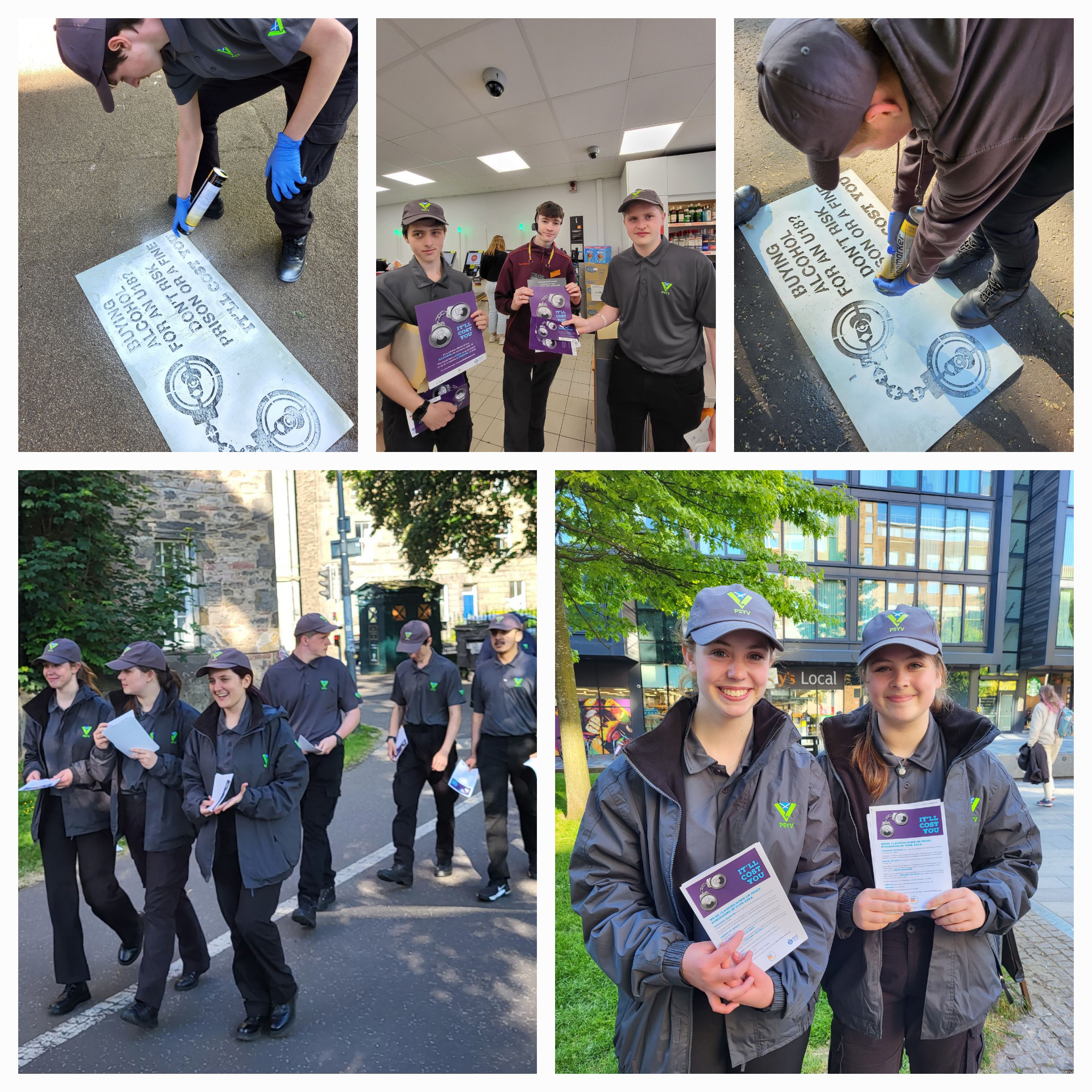 5 photos of police youth volunteers with campaign material and pavement stencils.